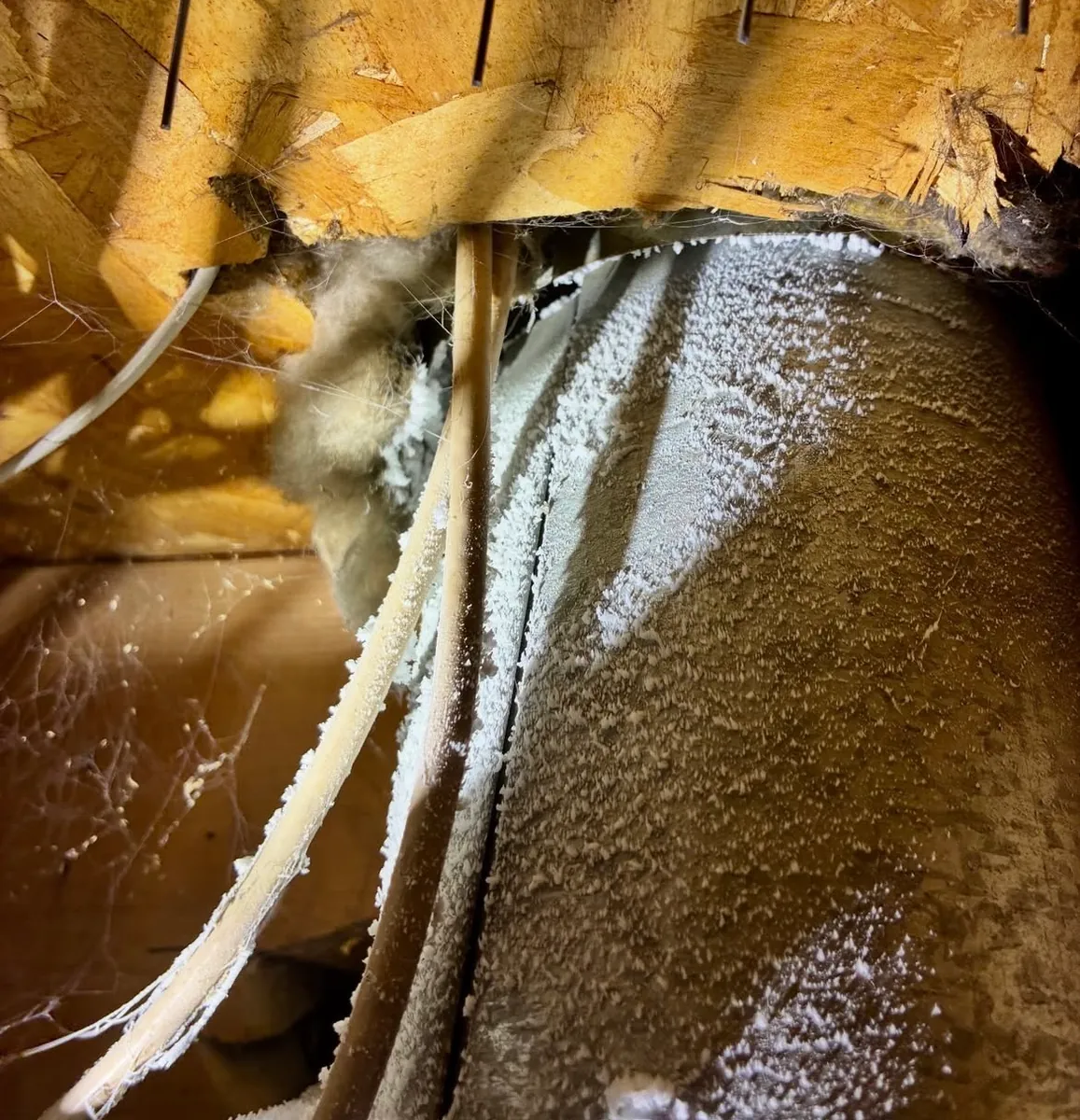 Looking up at a duct under the floor framing, with white, frosty Aeroseal sealant coating the outside of the duct and the wires beside it, near a joint where the duct had partly come apart